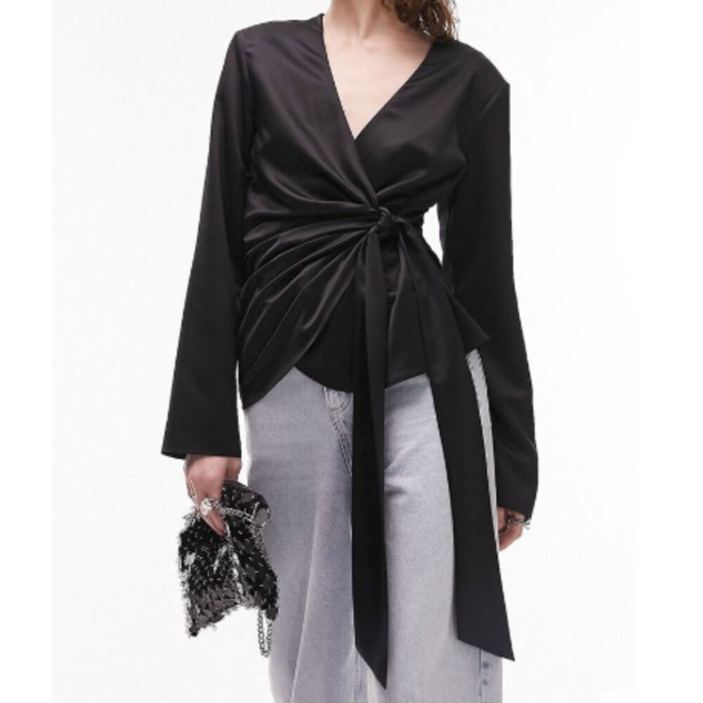 NWT Nordstrom Topshop Women's Black Slouchy Shoulder Pad Satin Wrap Top Size 4